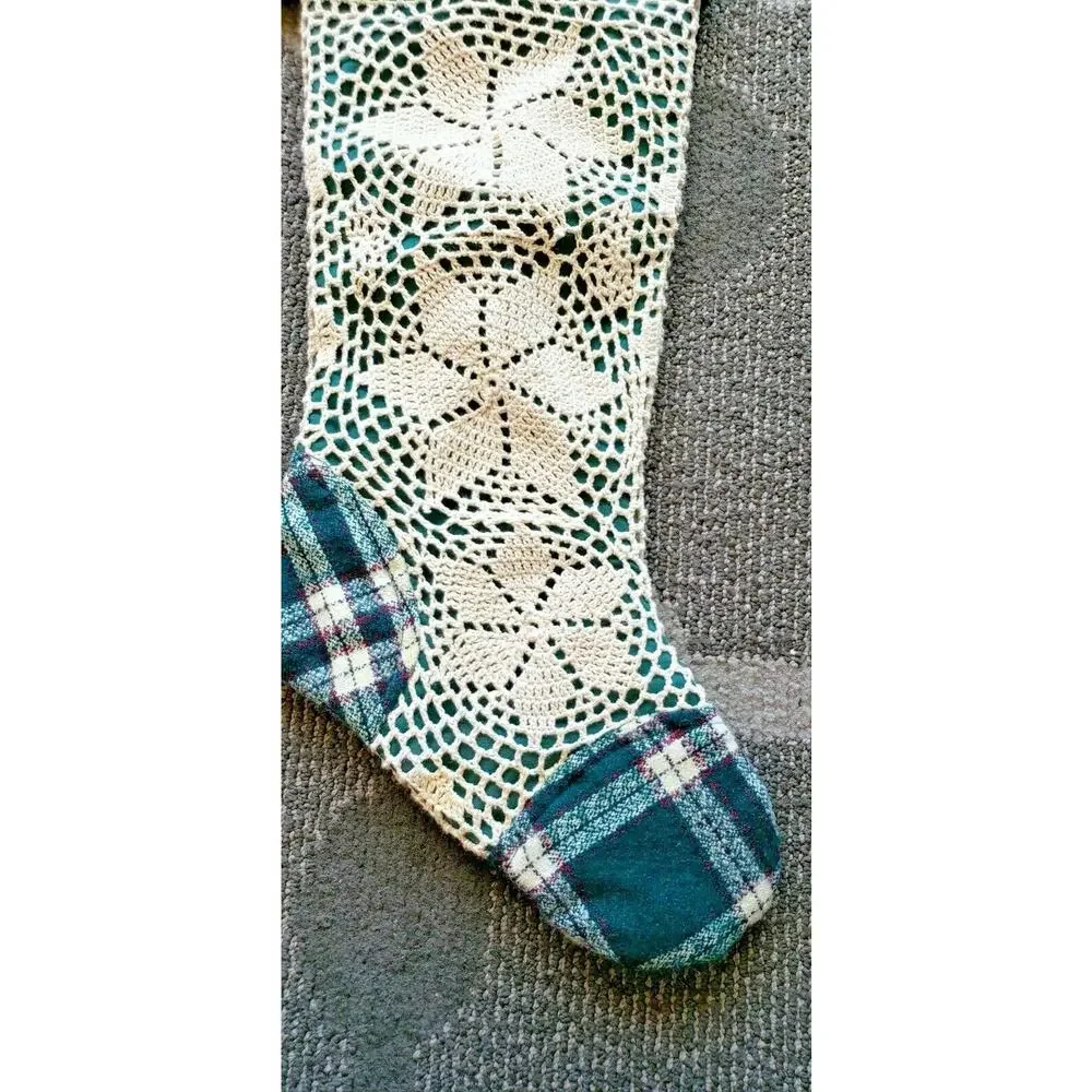 Lovely Beige Crochet Lace Doily Christmas Stocking Green Plaid 23